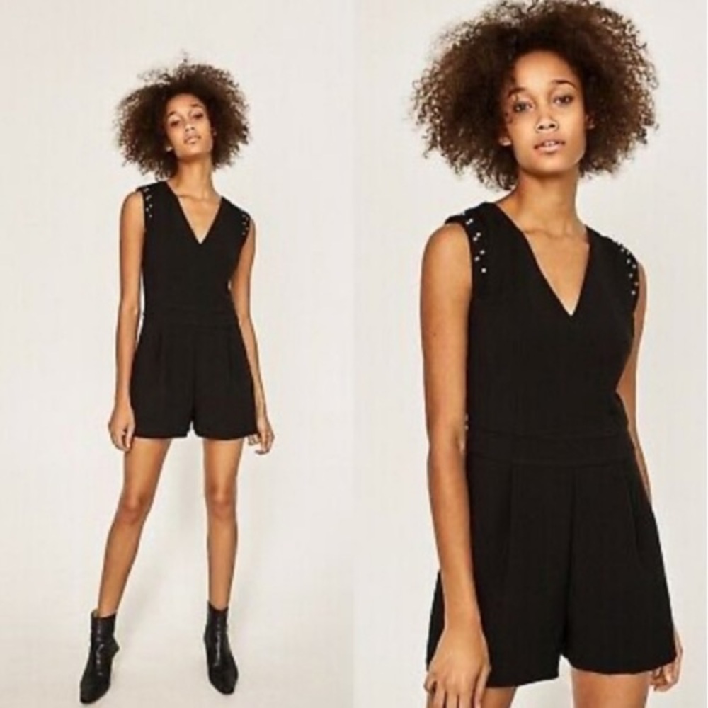 Zara Black Deep V-Neck Studded Romper